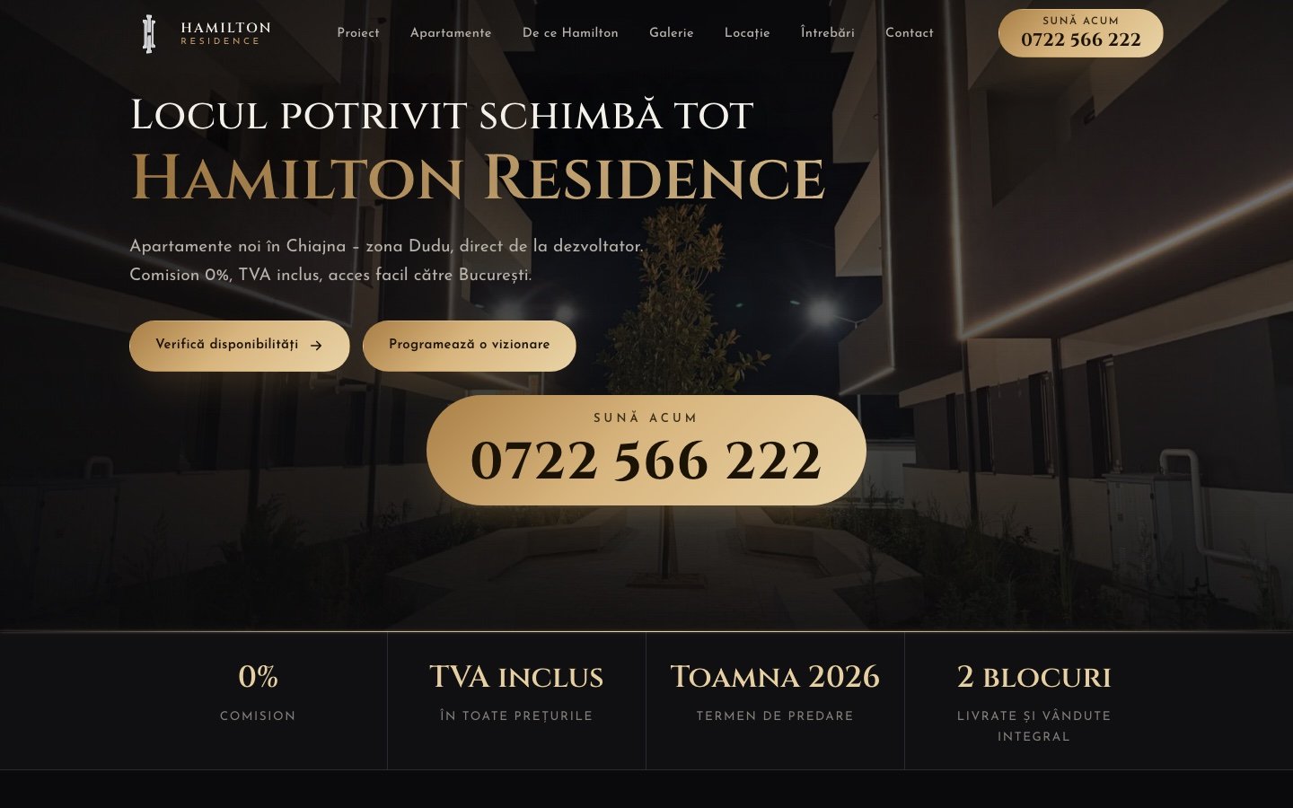 Pagina de start a site-ului hamiltonresidence.ro pe desktop